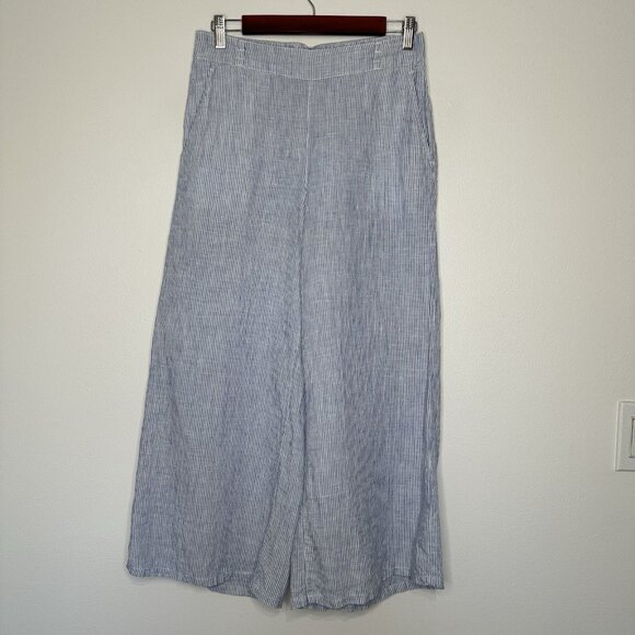 Tahari Pull on Pants Size S Wide Leg 100% Linen Cropped Blue White Stripe - Picture 1 of 11